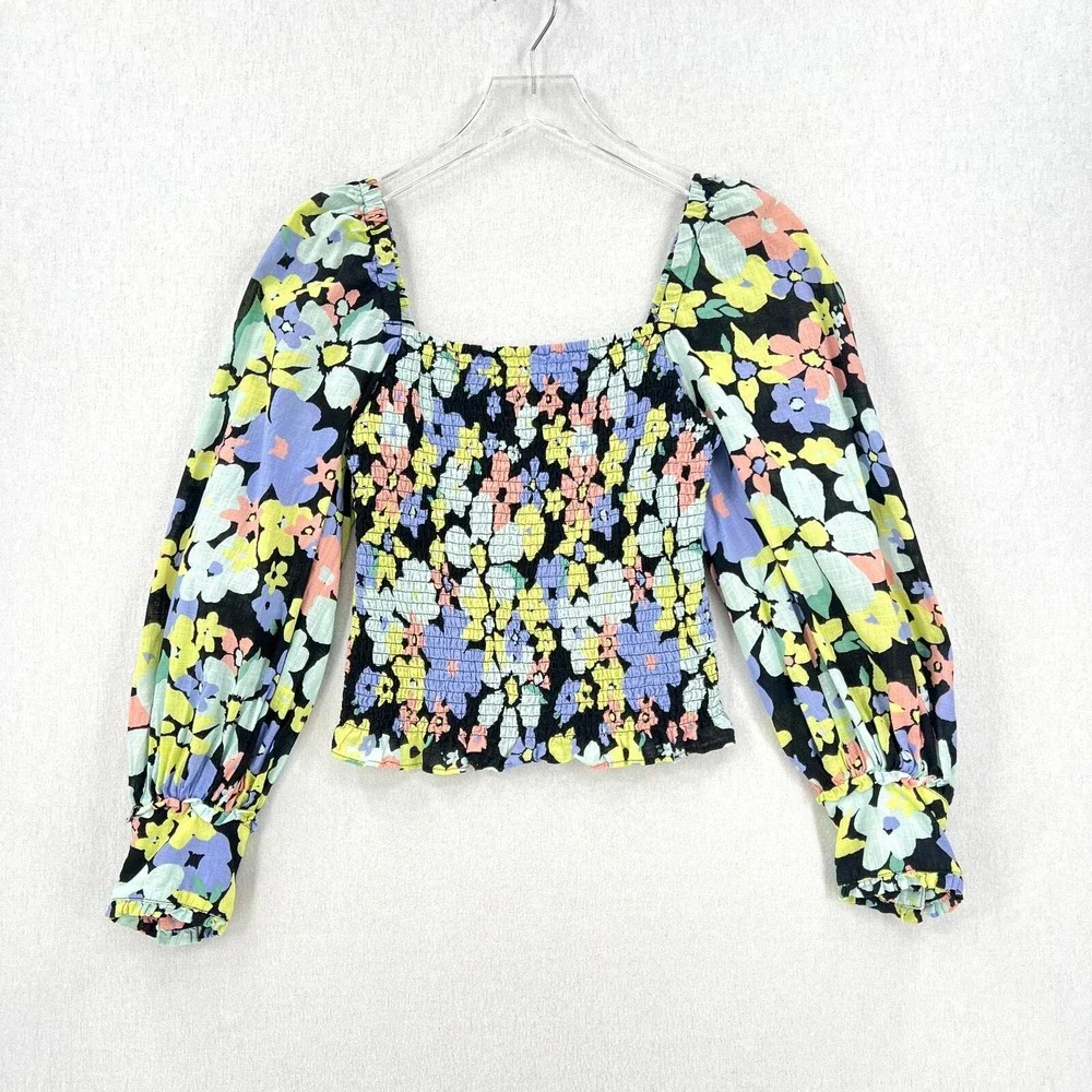Free People Top Women Extra Small Black Floral Smocked Puff Sleeve Square Neck